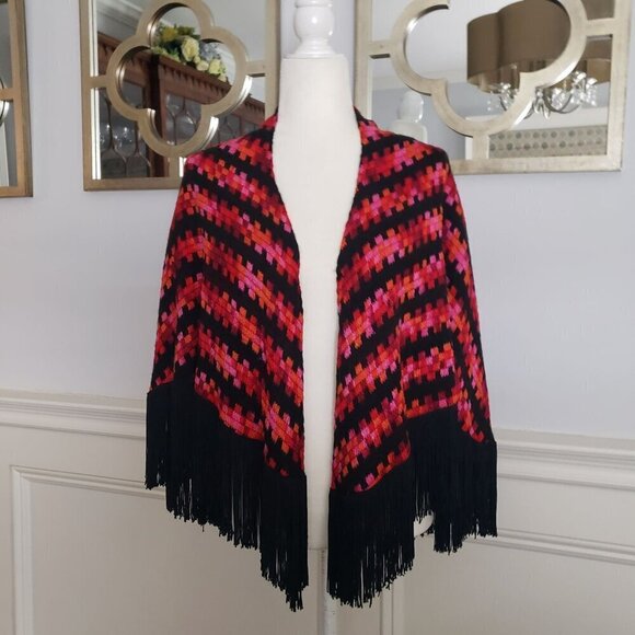 Vintage Handwoven Boho Scarf Cape Wrap Vibrant Geometric Pattern & Black Fringe - Picture 3 of 15